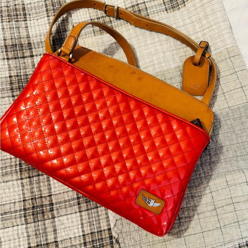 Quilted Red Crossbody Tote with Tan Accents